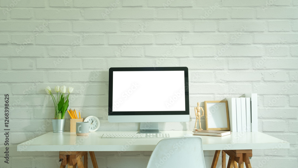 Poster modern workspace featuring a sleek desktop computer with a blank screen.