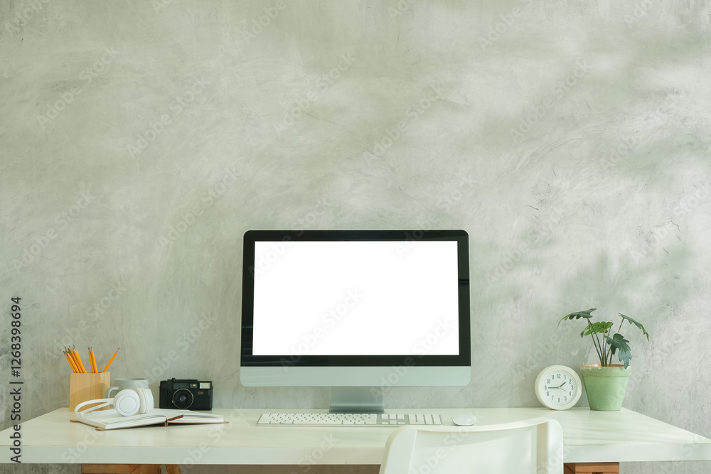 Poster workspace featuring a desktop computer with a blank screen, surrounded by stationary.