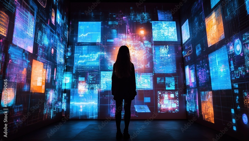 Poster exploring the digital world: a person observes a wall of data screens in a futuristic setting