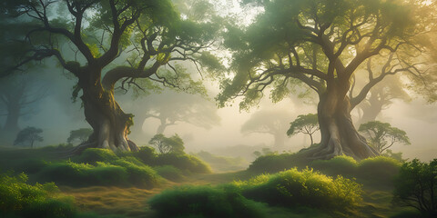 Fototapeta premium A breathtakingly beautiful nature background featuring a majestic, serene, and intriguing scene that exudes tranquility, with lush greenery, towering trees, created by generative ai