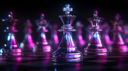 Glass Chess Pieces on Chessboard with Neon Pink and Blue Reflections Strategic Game Conceptual Art