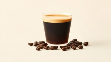 Espresso drink, coffee beans, beige background, studio shot, menu photography