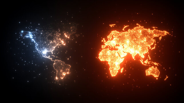 Global Continents Americas and Afro Eurasia Highlighted in Illuminated Dots Visualization Against Darkness