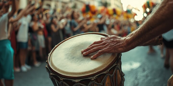 Musician playing atabaque drum during brazilian street carnival