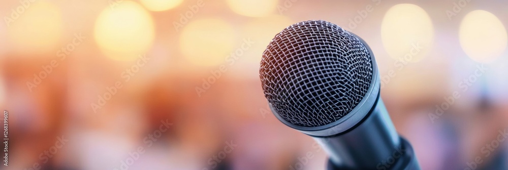 Poster close up of a microphone ready for a speaking engagement in a warmly lit venue with blurred backgrou