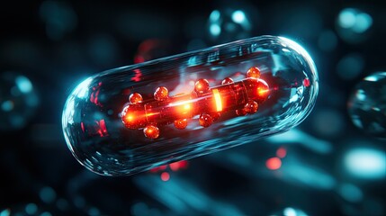Transparent cell with a floating capsule inside, representing cutting-edge medicine, glowing molecular structure.