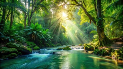 Obraz premium Sunlight filters through tropical trees, illuminating a lush jungle stream of emerald water.