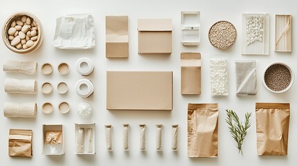 A white background with a variety of brown boxes and bags