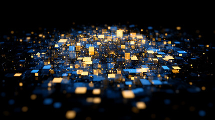 Glowing Blocks Floating in Darkness Abstract Light Display with Blue and Yellow Tones Artistically Rendered