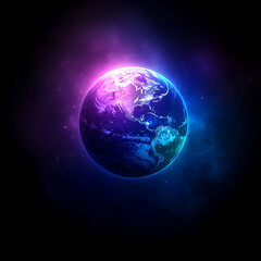 Obraz premium Glowing Earth View from Space in Dark Nebula Background With Vivid Colors and Galactic Dust