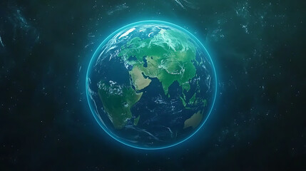 Obraz premium Glowing Earth Visualization from Space Shows Continents Oceans Atmosphere and Protective Shield
