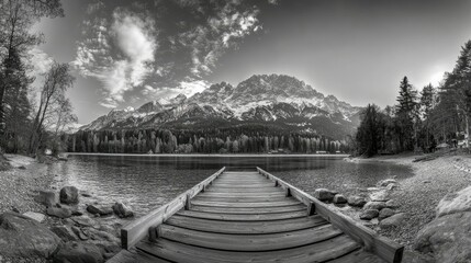Wooden pier leading into Lake Eibsee with a panoramic view of Zugspitze mountain on a sunny day.
