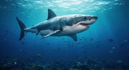Fototapeta premium Majestic great white shark swimming gracefully in vibrant ocean depths