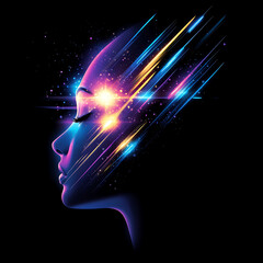 Glowing Profile with Colorful Light Streaks Radiating from the Face on a Dark Background