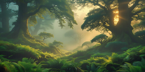 Fototapeta premium A breathtakingly beautiful nature background featuring a majestic, serene, and intriguing scene that exudes tranquility, with lush greenery, towering trees, created by generative ai
