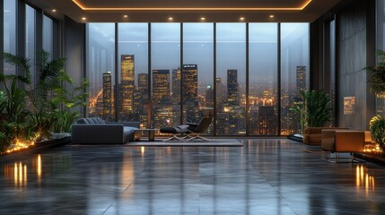 Naklejka premium Luxury penthouse twilight city view lounge