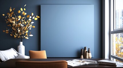 Fototapeta premium Modern Apartment Interior Design Blue Wall Gold Decor Stylish Living Room