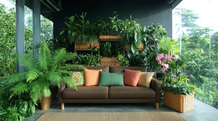 Lush Indoor Garden Room  Sofa  Plants  Ferns  Orchids  Home Decor