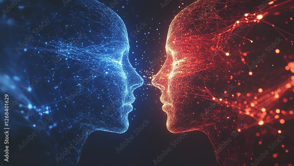 Poster digital connection: two abstract faces meet in a network of light and data streams, symbolizing inte