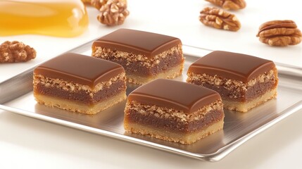 Obraz premium Caramel pecan bars, honey, nuts, tray, studio, dessert, food photography, baking