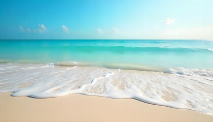 Beautiful sandy beach and soft blue ocean wave. Sea background. generative AI