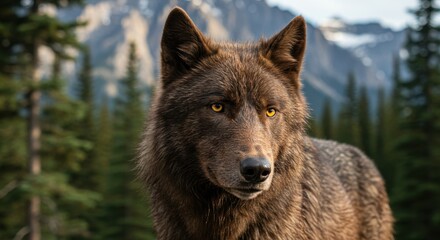 Fototapeta premium Majestic wolf portrait in a lush forest with mountains in the background