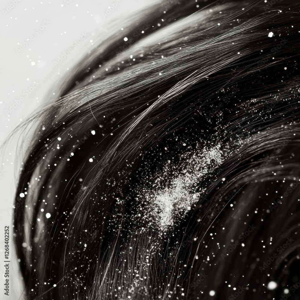 Poster dandruff flakes visible on dark hair strands with ample text space for additional information or con