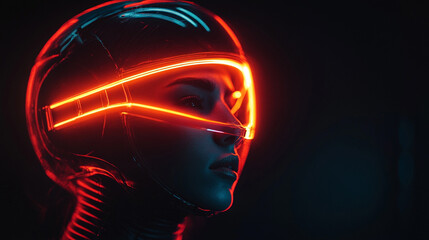 A futuristic black and orange helmet armor representing a warrior or soldier, with modern design elements, bright tones, and a blurred background, symbolizing strength, technology, and chaos