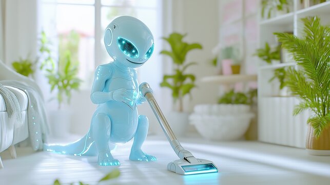 Futuristic robot alien efficiently vacuuming modern smart home