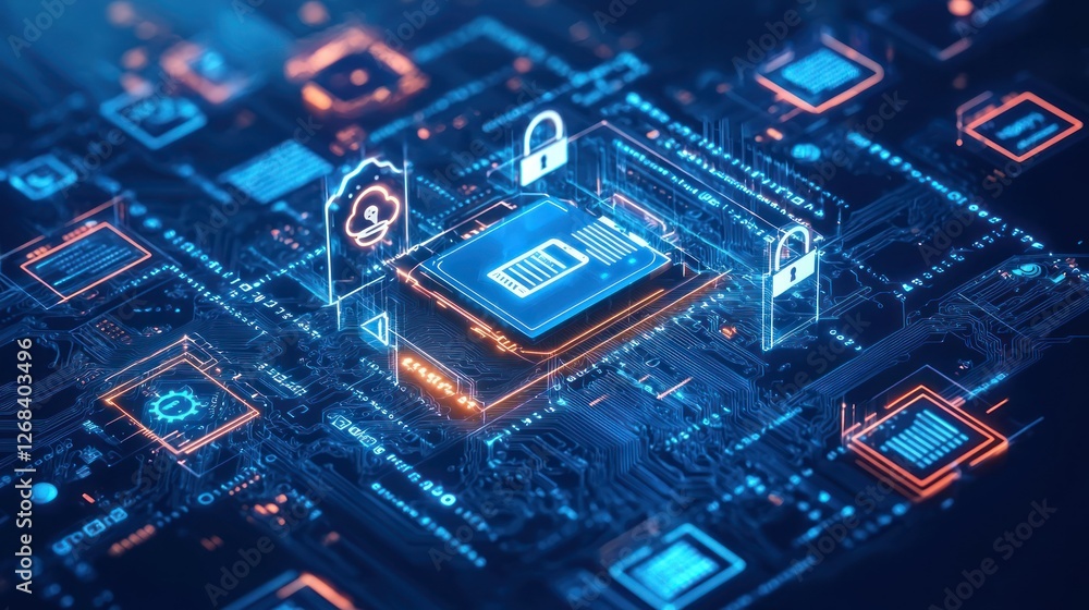 Poster a futuristic visualization of computer services, including cybersecurity and data backup. stock phot