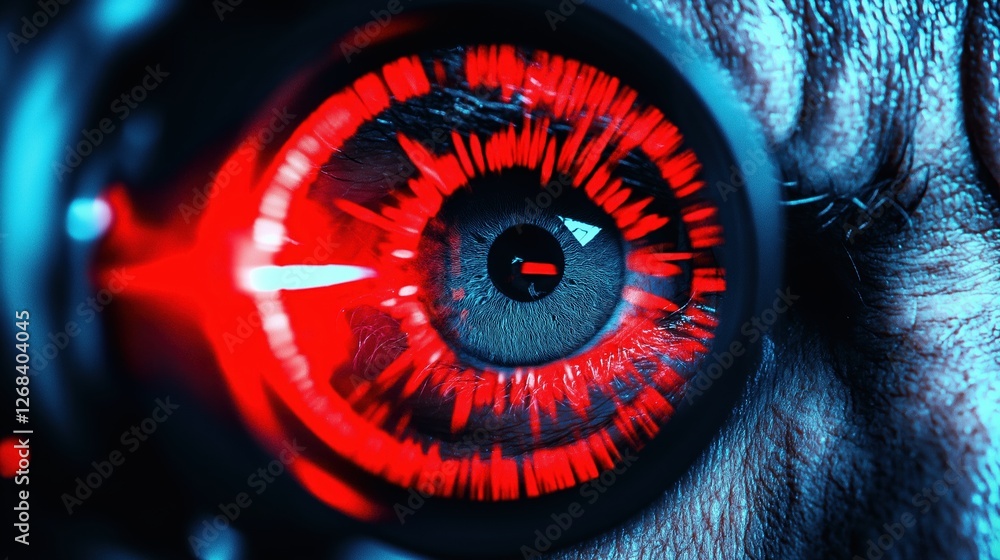 Poster futuristic cybernetic eye close-up with red glowing lights and circuit patterns