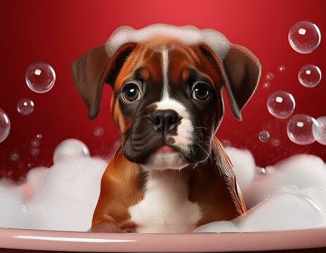 Boxer am Badetag, roter Hintergrund