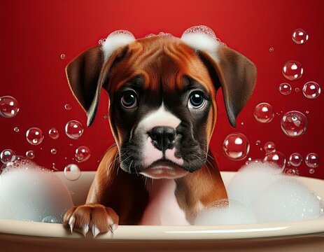Boxer am Badetag, roter Hintergrund