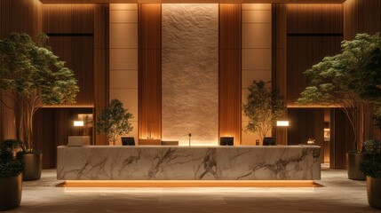 Luxury hotel lobby reception, marble desk, night lighting, plants