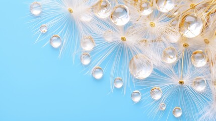 Fototapeta premium Dandelion seeds with dew droplets against light blue sky background