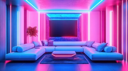 Neon Pink and Blue Lit Modern Living Room Interior Design with Sectional Sofa and Ambient Lighting