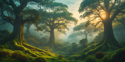 A breathtakingly beautiful nature background featuring a majestic, serene, and intriguing scene that exudes tranquility, with lush greenery, towering trees, created by generative ai