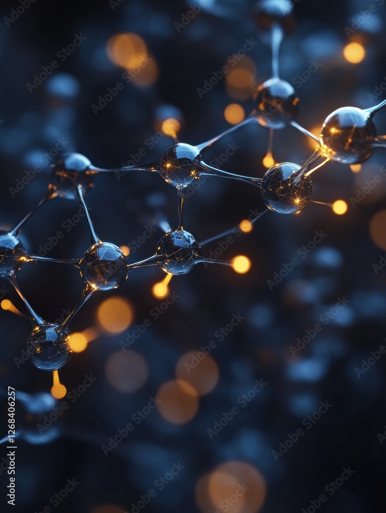 Aufkleber molecular structure illuminated by glowing particles at night in a scientific laboratory environment
