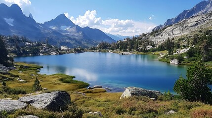 crystal clear alpine lake with mountain backdrop image