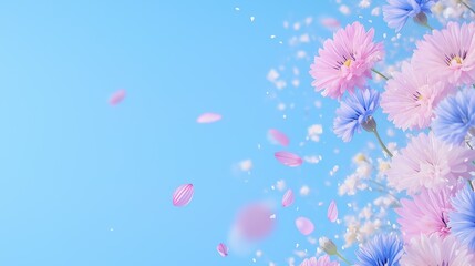 Pastel pink and blue gerbera daisies with falling petals on blue background