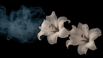 Elegant white lilies with swirling smoke on a dark background.
