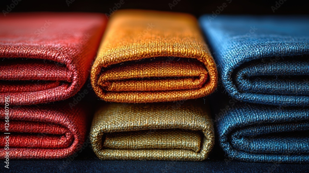 Poster neatly folded colorful fabrics arranged in a visually appealing manner.