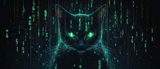 Futuristic Black Cat with Glowing Green Eyes Surrounded by Digital Matrix Patterns in an Enigmatic Dark Background