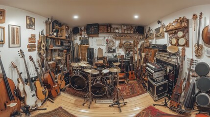 Cluttered music room filled with vintage instruments and equipment.