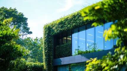 A minimalist office building surrounded by greenery and natural light. Stock photo