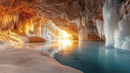 A tranquil frozen landscape bathed in the warm light of sunrise, showcasing stunning ice formations. 
