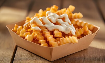 above angle, a brown paper tray filled with golden, crispy crinkle-cut fries sits on a wooden table, Generative AI