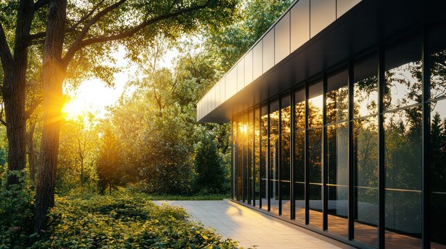 A minimalist small office building in a suburban area surrounded by trees. Stock photo