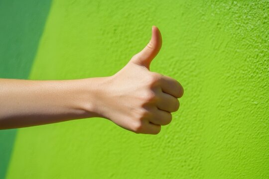 Human hand giving thumbs up against green painted background