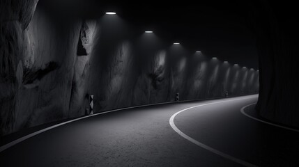Obraz premium Dimly lit tunnel with curved road and textured rock walls